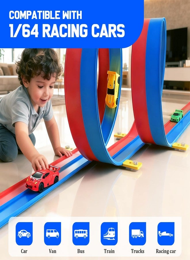 HTPREC 20ft Flexible Race Track for Kids with 4 Pull-Back Cars & Portable Storage Bag,4pcs Strong Suction Cups,5pcs Track Stabilizers,for 1/64 Cars,Roll Up Slot Car Race Track with Loops - Image 2